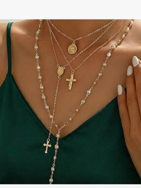 Layered Gold Cross and Pearl Necklace Set - Gold